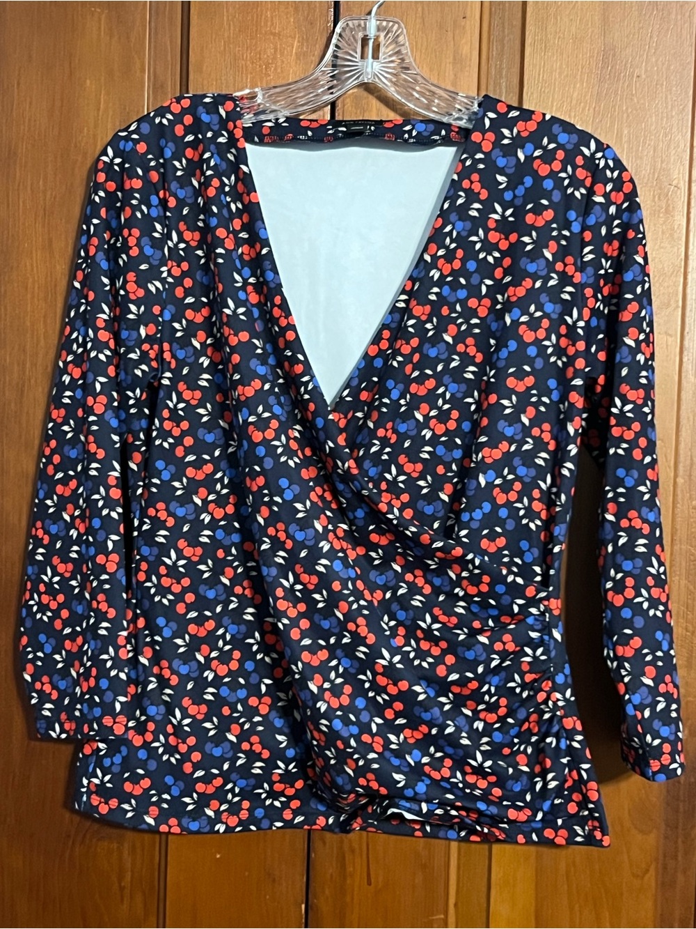 Ann Taylor Faux Wrap Blouse Cherries Blueberries Size M V-Neck